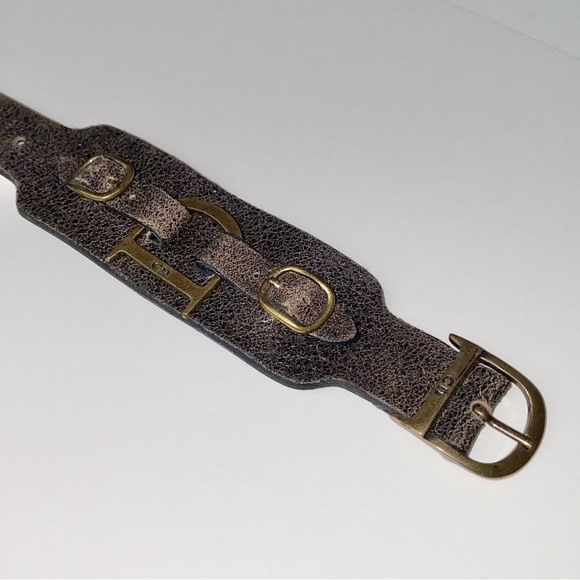 VTG Christian Dior Brown Leather Bronze Saddle D Charm Belt Buckle Logo Bracelet - Picture 7 of 15